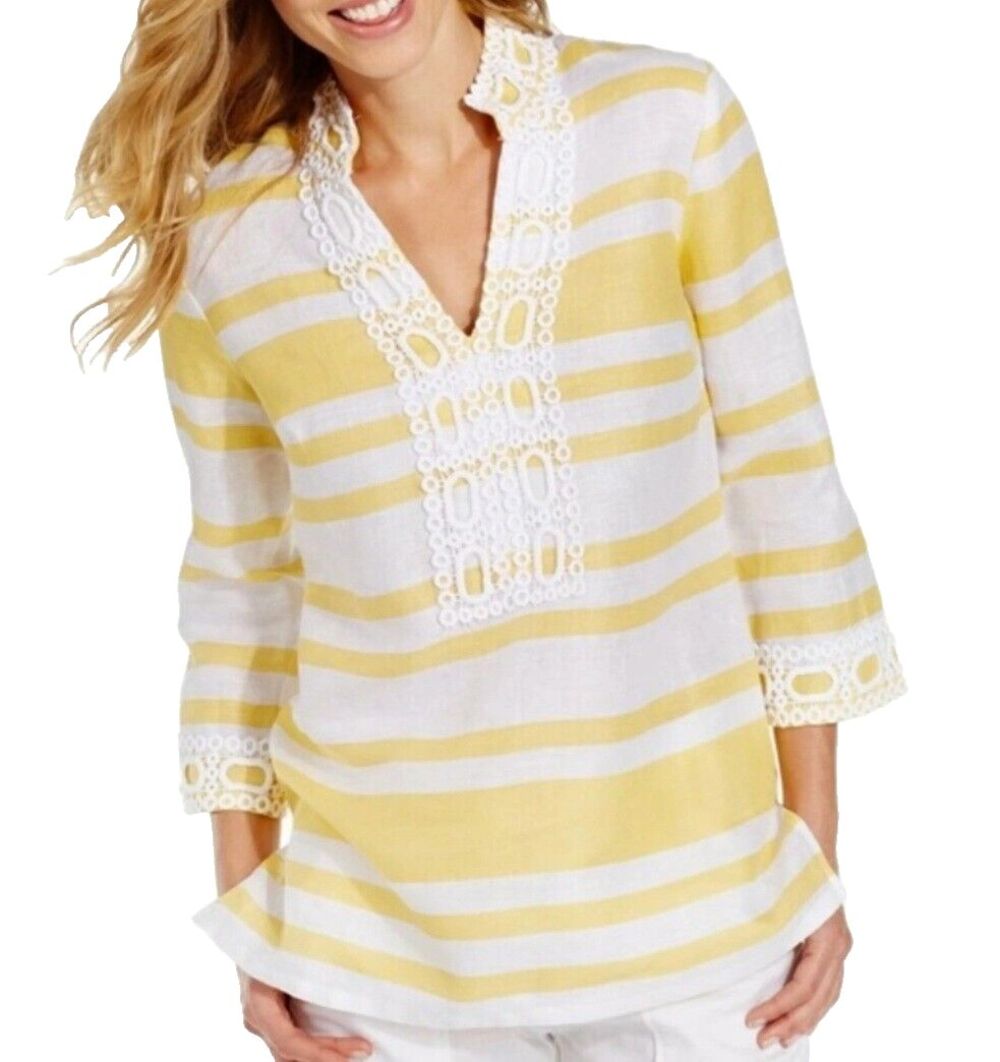 Charter Club Luxury Linen Tunic Top Women's L Yellow White Stripe Coastal EUC